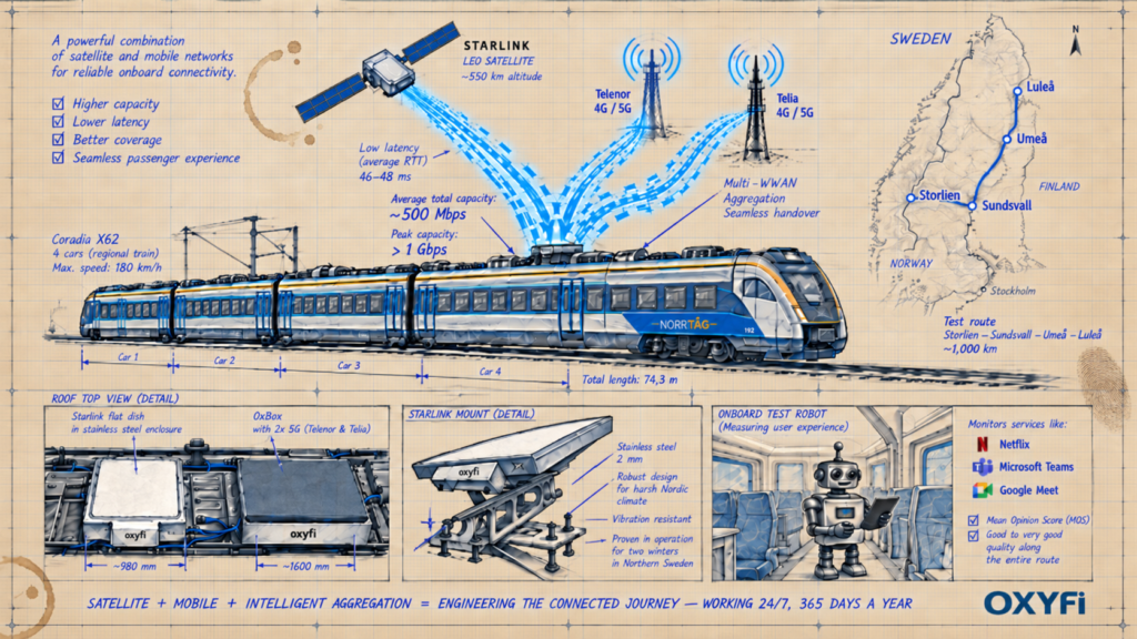 Aggregation of satellite and mobile networks for fast moving trains